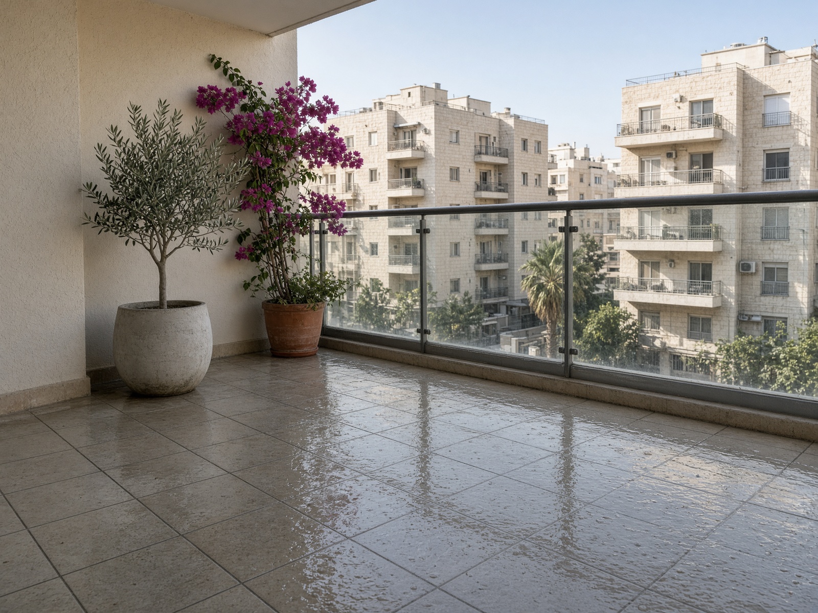 תמונה להמחשה — מרפסת מרוצפת נקייה ורטובה אחרי שטיפה בלחץ מים, נוצרה באמצעות AI