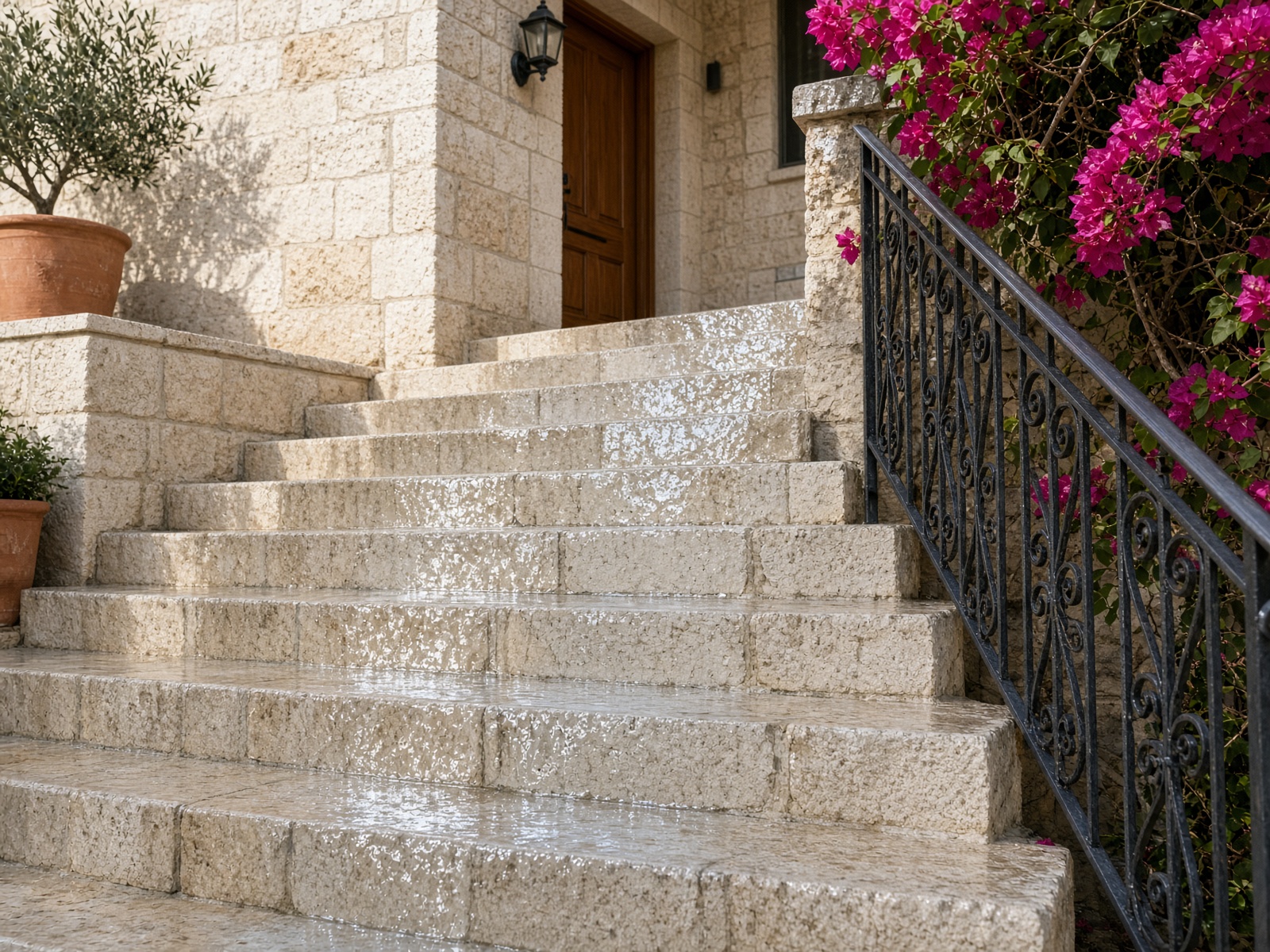 תמונה להמחשה — מדרגות אבן ירושלמית רטובות ומבריקות בכניסה לבית, נוצרה באמצעות AI